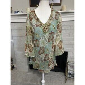 Y2k Vintage 90s Slik Beaded Blouse Sunny leigh Womens M Fairy Soft Abstract Boho